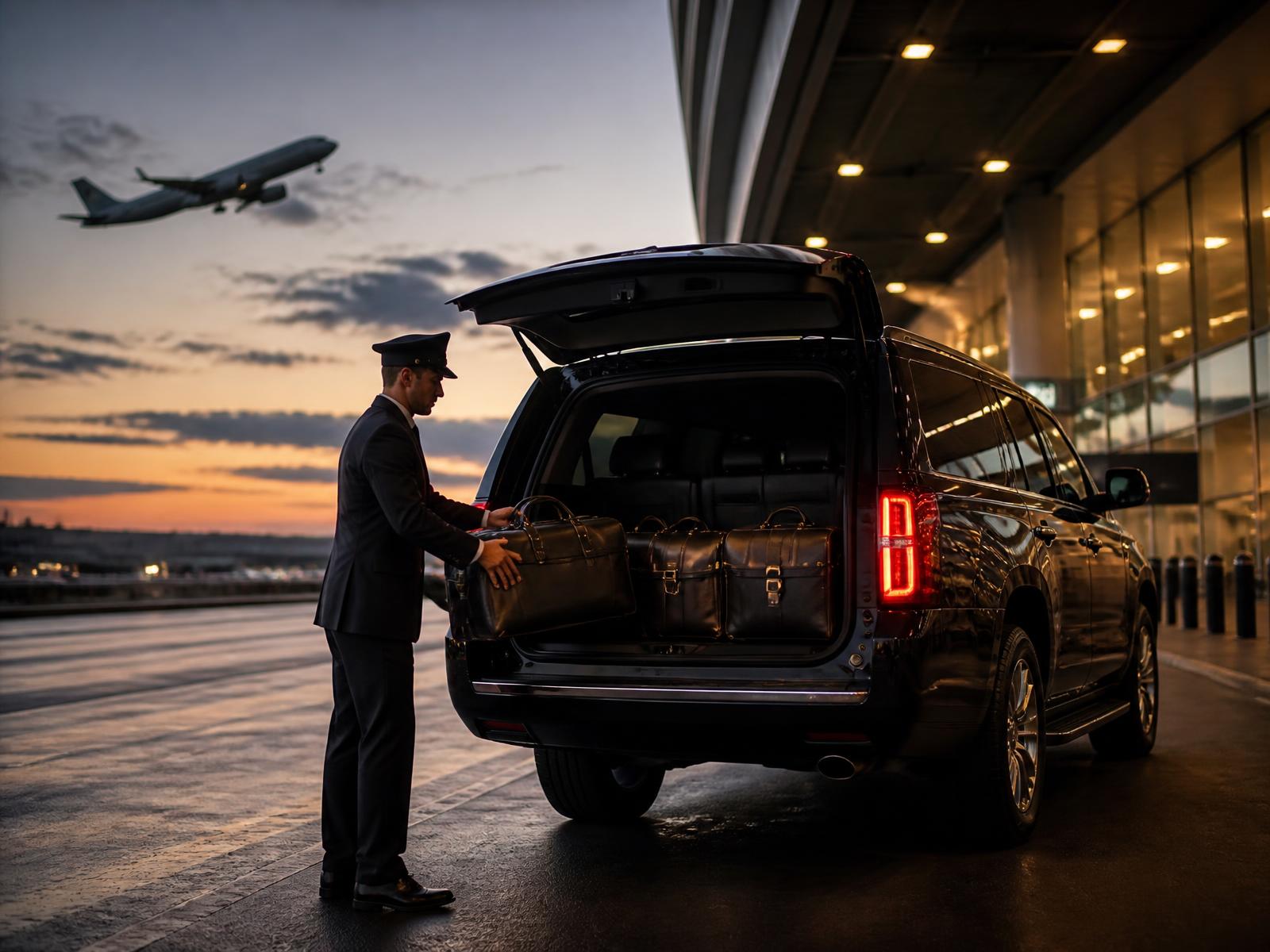 Chauffeur loading luggage into a black SUV at an airport terminal curbside