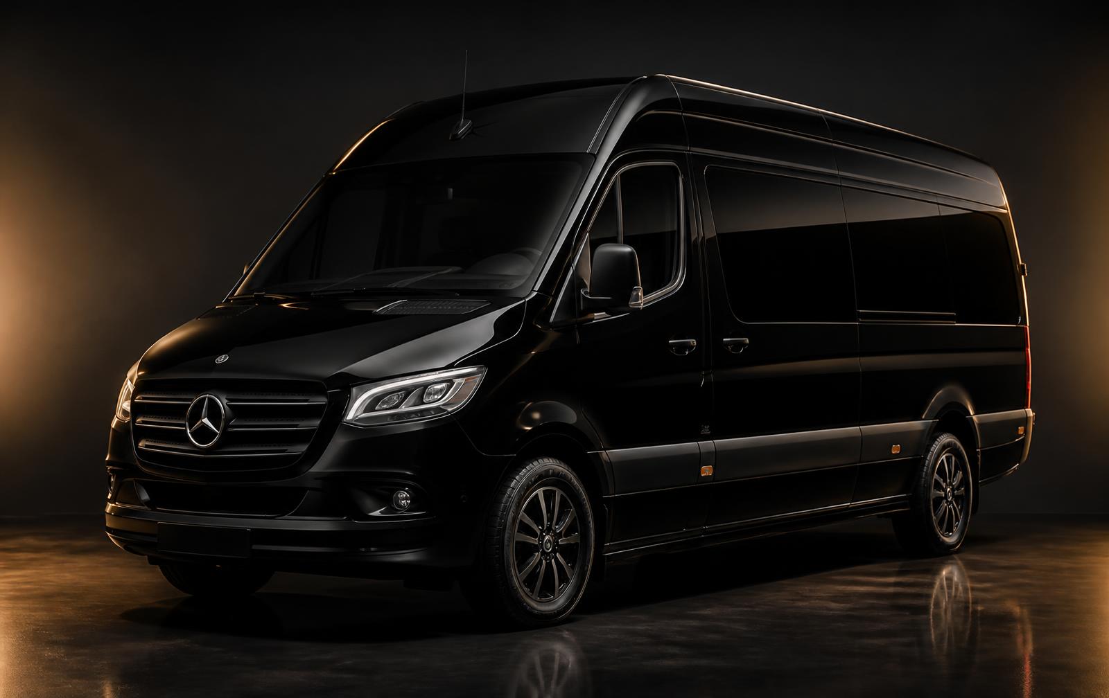 Black executive Sprinter van photographed against a dark studio backdrop