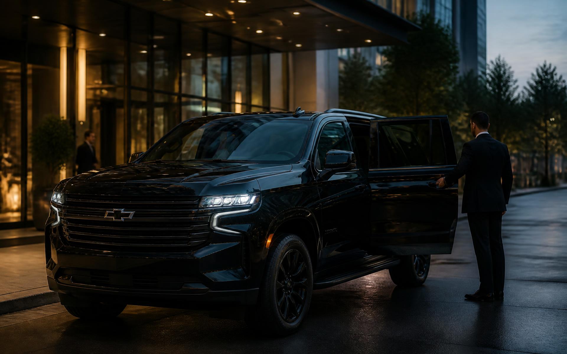 Chauffeur opening the rear door of a luxury black SUV outside a modern Houston building at dusk